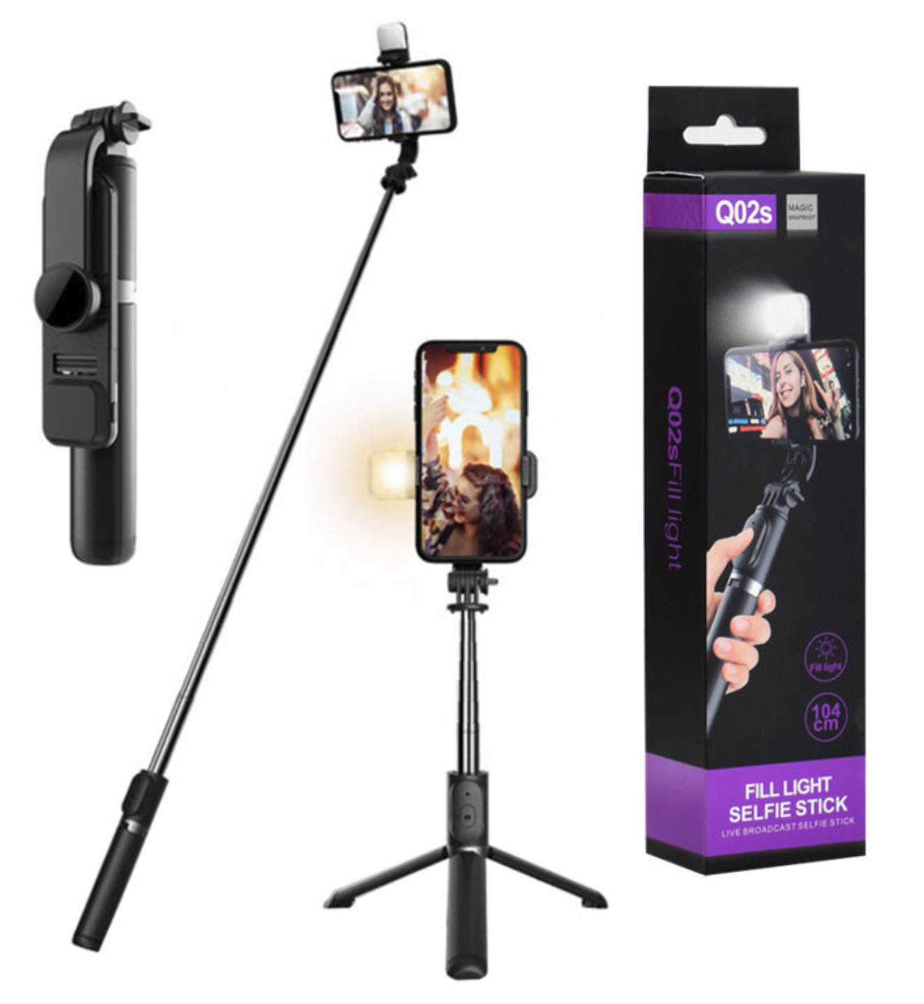 Selfie stick Bluetooth trepied stabil cu LED Q02S de 104cm